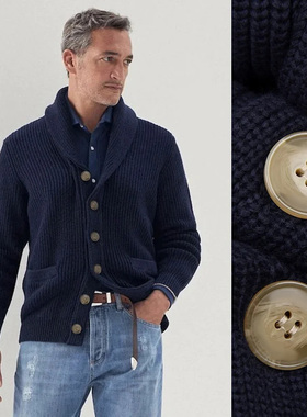 BAMIOW男士7针20S毛衣外套 100%丝光棉厚款青果领针织开衫 41357