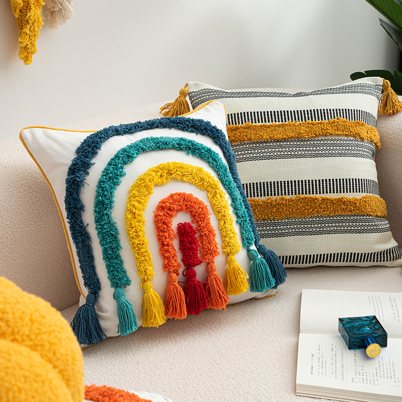 流苏绣花彩虹抱枕小清新田园靠垫搭配装饰客厅沙发靠背垫靠枕飘窗