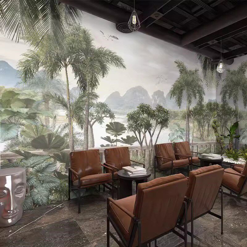 东南亚热带客壁纸法式复古森林壁画酒店名宿卧室墙壁布纸