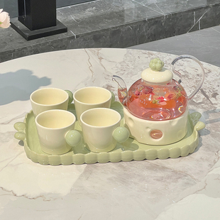 陶瓷花茶壶茶水分离n茶杯套装煮水果茶下午茶蜡烛明火加热养生壶