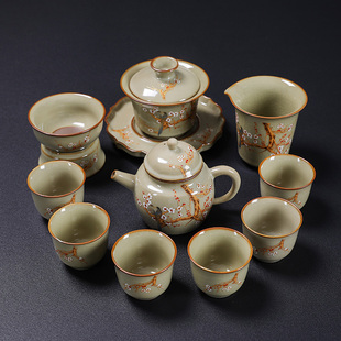 客厅家用陶瓷泡茶壶喝茶盖碗茶杯轻奢 黄汝窑梅花功f夫茶具套装
