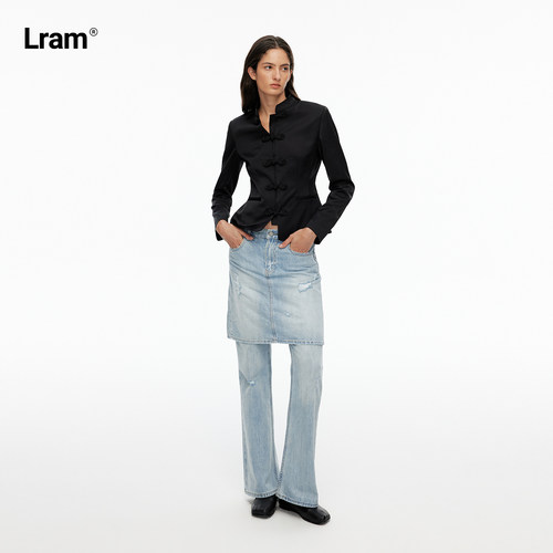 LRAM 复古高腰假两件浅水洗蓝毛边破坏直筒牛仔裙裤LM2630151