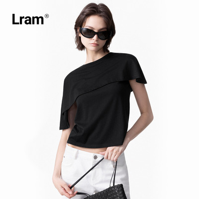 LRAM 桑蚕丝羊毛混纺斗篷披肩显瘦双色短袖T恤上衣LM2630212