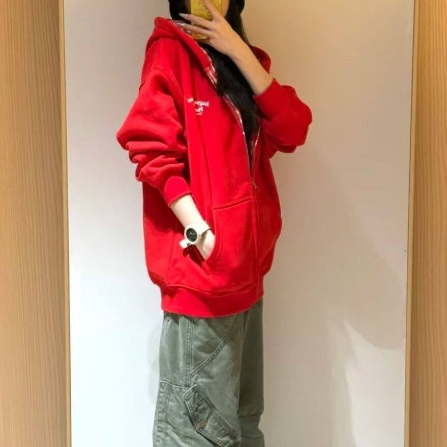 欢简韵设计感红色格子连帽卫衣女2025秋季新款宽松帽衫拉链外套潮