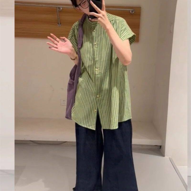 欢简韵复古立领短袖条纹衬衫女春夏绿色衬衣外穿气质百搭宽松上衣