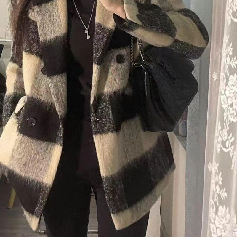 欢简韵韩版格子毛呢西装外套女装秋冬赫本风复古气质呢子开衫ins