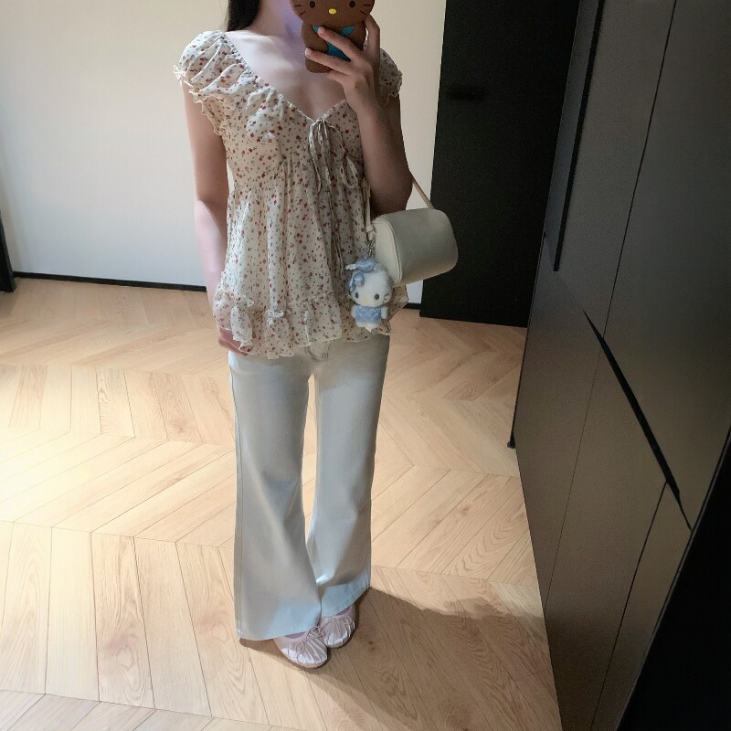 小清新超仙碎花V领系带衬衫女图片