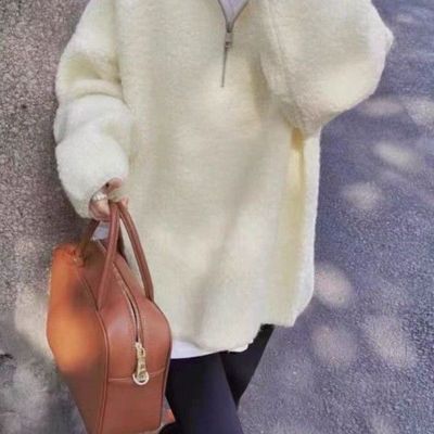 美式拉链连帽羊羔绒卫衣女