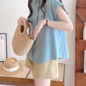 欢简韵短袖 上衣POLO领衬衣潮 通勤纯棉气质显瘦小飞袖 衬衫 女夏韩版