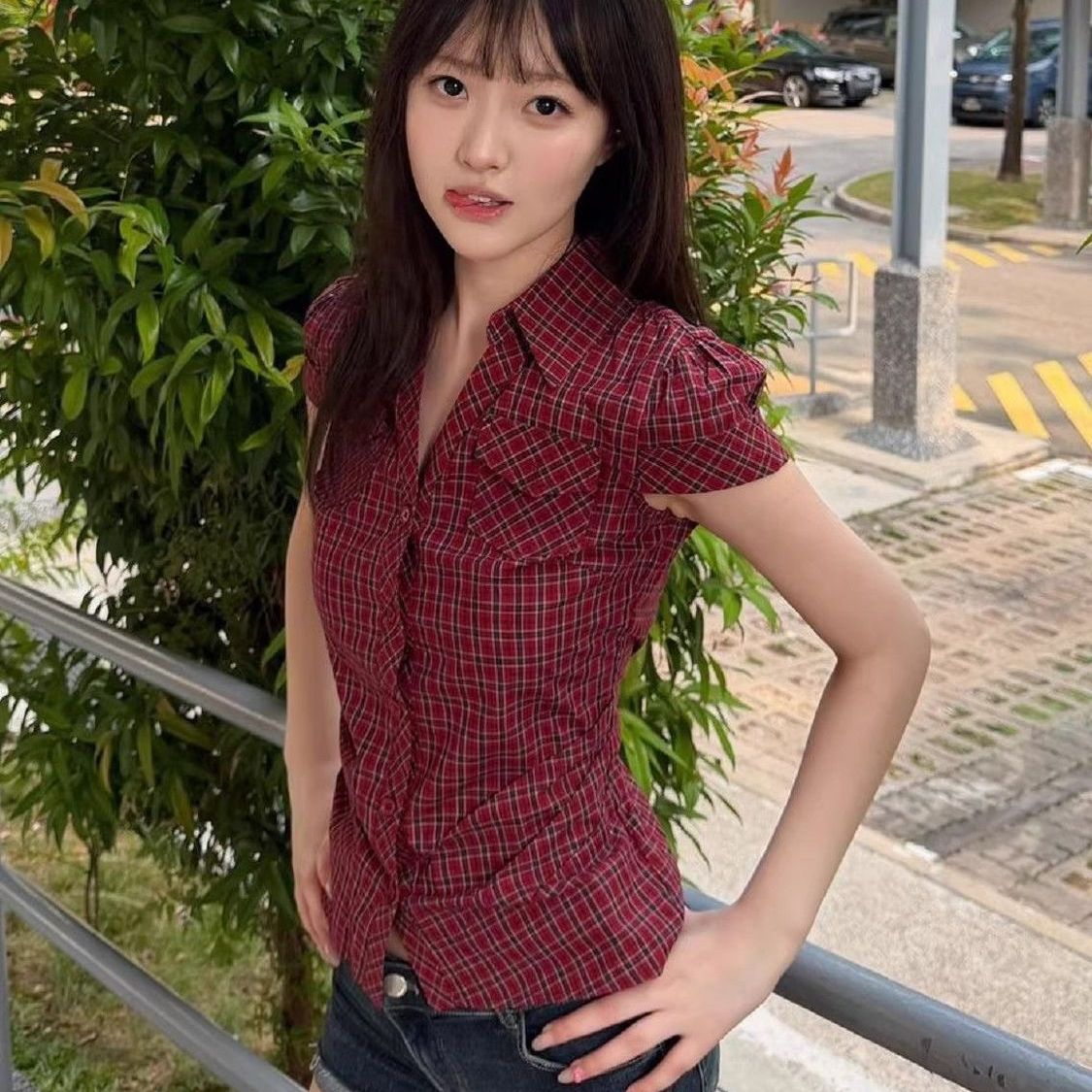 欢简韵美式复古格纹短袖衬衫百搭正肩纯棉上衣女春夏季新款修身潮
