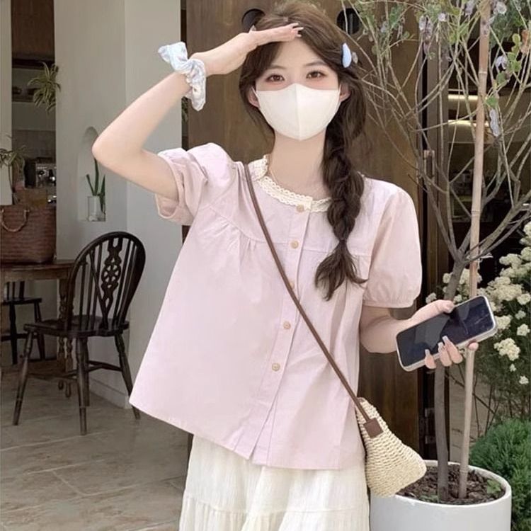 蕾丝花边圆领泡泡袖衬衫