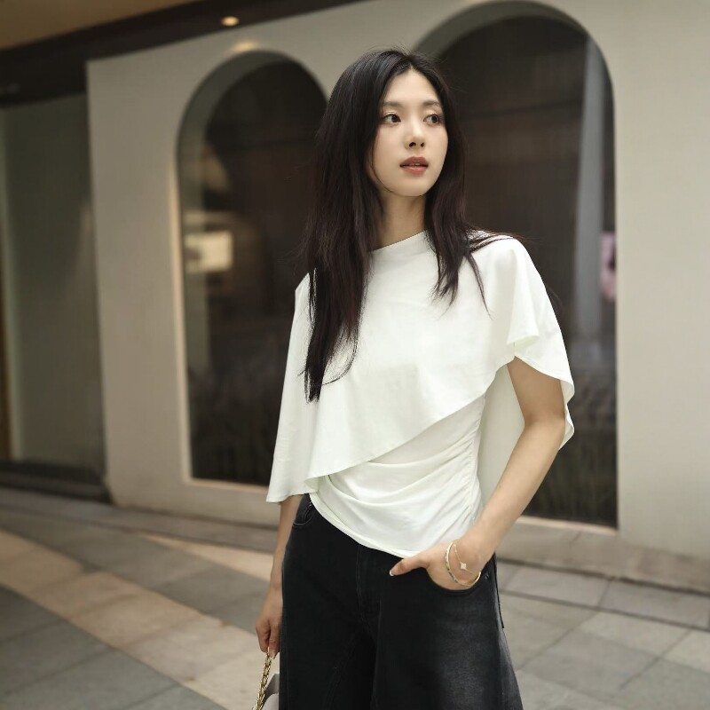 韩系超好看白色斗篷假两件T恤女图片