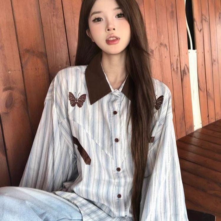 欢简韵法式条纹衬衫女初秋百搭长袖上衣设计感开衫宽松防晒衬衣