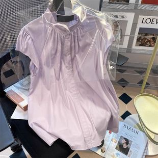 欢简韵甜美小飞袖立领衬衫女夏季港风爆款正肩紫色娃娃衫短袖上衣