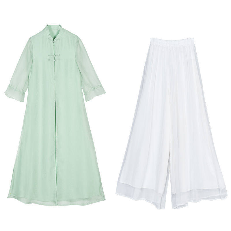 夏装禅意茶服复古汉服女套装中国风民族古风改良旗袍两件套连衣裙