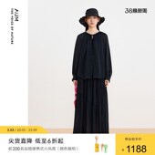 衬衫 黑 缎面雪纺V领清透文艺法式 长袖 贝壳衫 AUM噢姆24夏季