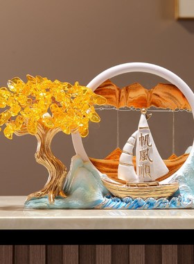 新中式一帆风顺发财树流沙画摆件办公室书房玄关客厅电视柜装饰品