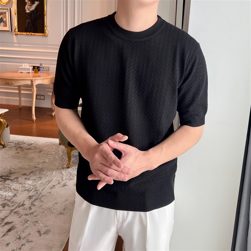 高端休闲短袖针织衫男士英伦夏季薄款简约镂空提花打底衫白色T恤