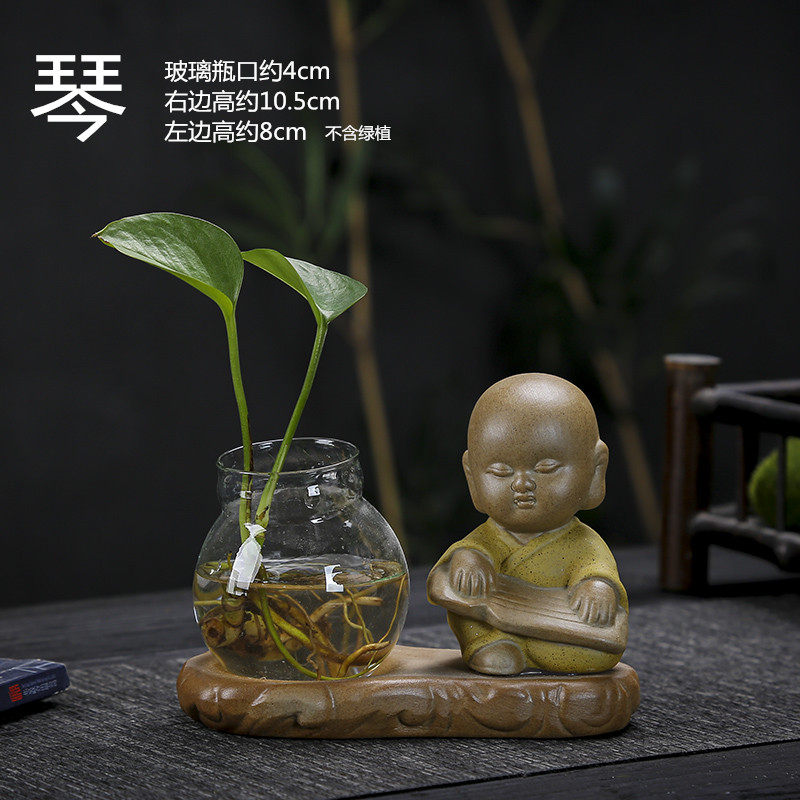 水培花盆陶瓷茶宠摆件紫砂桌面植物禅意粗陶复古水培植物铜钱草