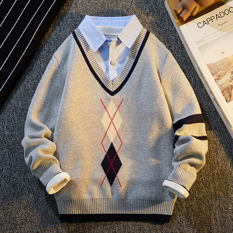 男童毛衣假两件儿童纯棉春秋装针织衫中大童2023新款衬衫领潮上衣