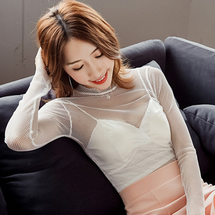 温娴透明网纱打底衫女长袖内搭性感镂空罩衫半高领网状蕾丝上衣薄