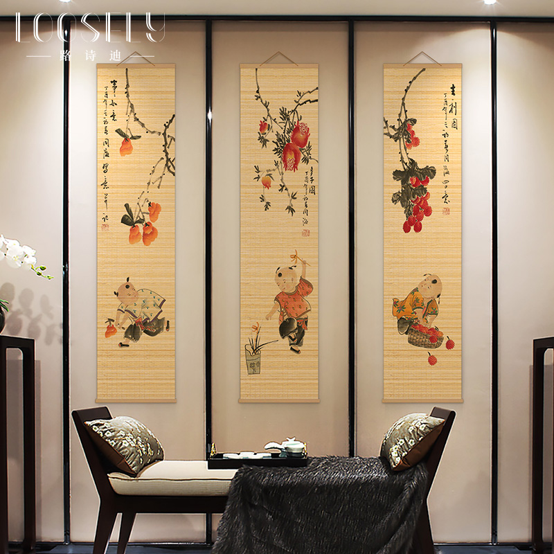 中式花鸟餐厅书房卷轴画茶室玄关竹帘画客厅沙发背景墙装饰画四联