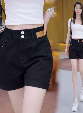 白色翻边牛仔短裤女夏季2t024薄款高腰宽松显瘦外穿a字阔腿热裤子
