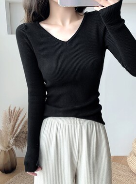 黑色v领针织打底衫女内搭长袖2024秋冬新款紧身毛衣X洋气百搭上衣