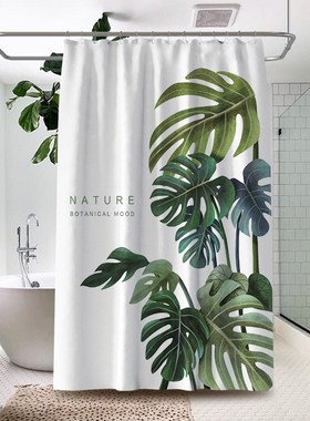 北欧绿色植物龟背叶子防水浴帘更衣E隔断帘浴室洗澡门窗挡水帘加