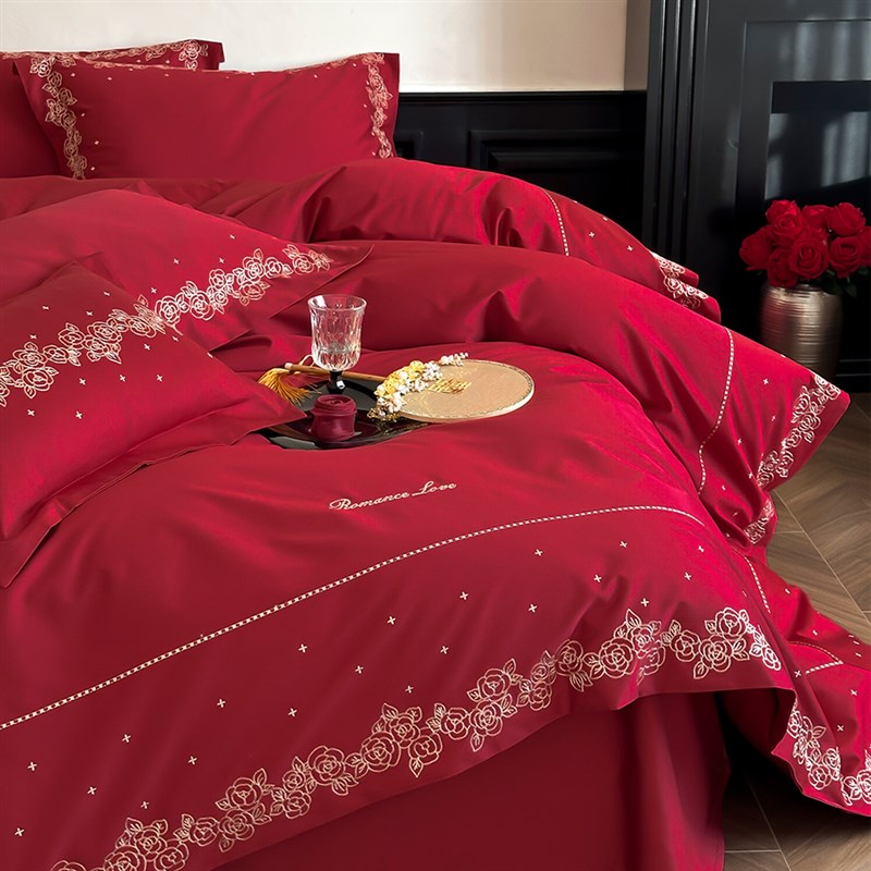 轻奢简约婚庆床品四件套全棉刺绣红色结婚房陪嫁被套床单床上用品