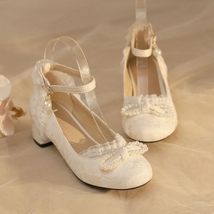 新中式国风女童汉服鞋古装儿童高跟鞋公主走秀女孩配旗袍鞋子白色