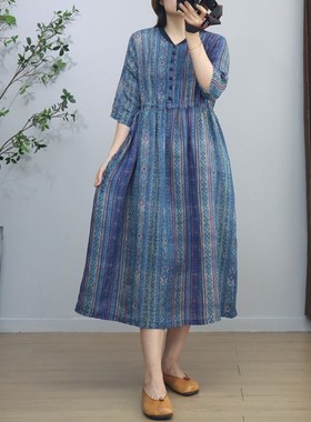 民族风蓝色条纹印花苎麻连衣裙女C 夏季新款高腰绑带显瘦中长裙子
