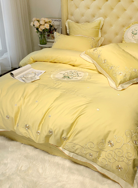 100长绒棉全棉网红床上四件套少女心公主风纯R棉黄色床单被套结婚