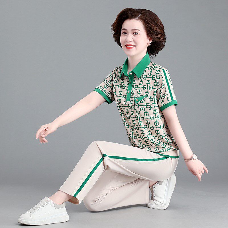 中老年休闲运动服套装n女2024新款年轻短袖两件套中年妈妈夏装时