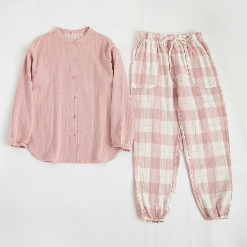 春秋休闲全棉双层纱布女士睡衣春夏圆领长袖套装纯棉麻外穿家居服