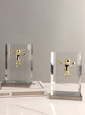 欧式轻奢高透水晶小金人书档书靠桌面摆件客厅书房书柜家居装饰品