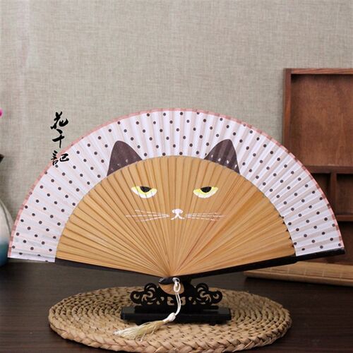 猫咪扇子*真丝折扇*日式工艺扇*卡通N女士折扇*厂家*