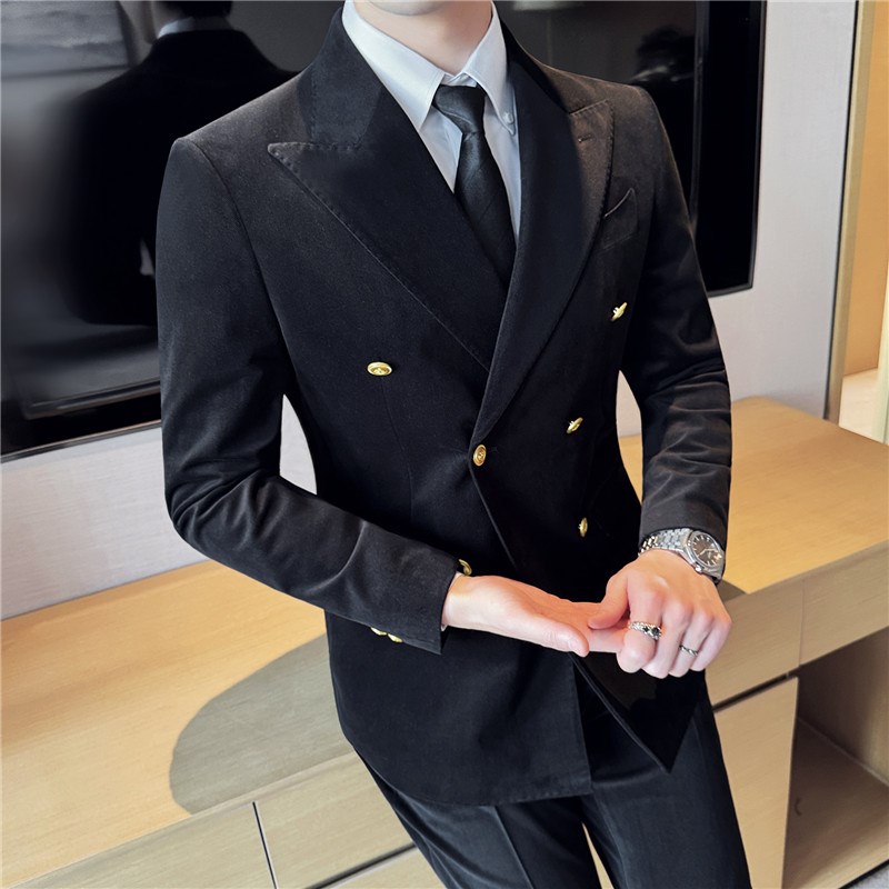 冬季新郎双排扣绒面加厚西服男套装商务休闲毛呢西装结婚宴会礼服