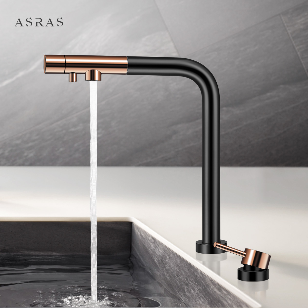 阿萨斯304黑色厨房升降水龙头冷热净水3合1水槽洗菜盆抽拉式龙头
