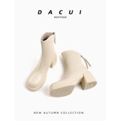 冬季 2023年新款 短靴p女粗跟小个子瘦瘦靴白色圆头中筒靴甜酷厚底