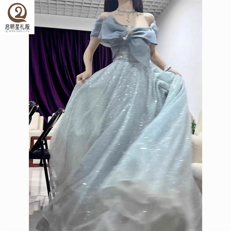 一字肩晚礼服女宴会气质轻奢小众高端主持人艺考成人礼礼服蓬蓬裙