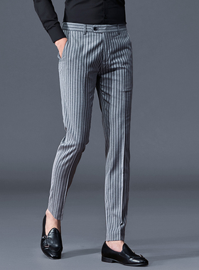 ieu西装裤男士条纹修身韩版休闲商务垂感免烫百搭微弹小脚长裤子