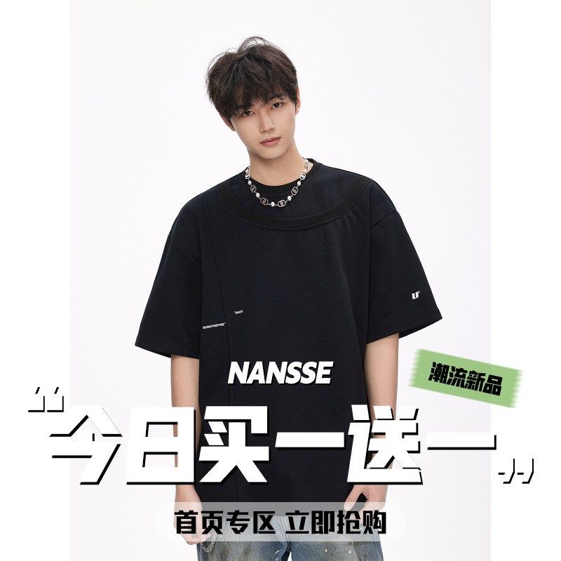 美式字母拼接双层领短袖t恤男2025夏新款潮牌重磅宽松半袖体恤衫,男装,T恤,淘宝优惠券,粉丝福利购,淘宝优惠卷