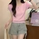小个子短款 粉色冰丝针织短袖 上衣 修身 高腰半袖 t恤女夏季 2024新款