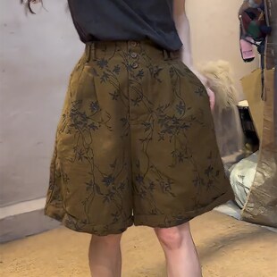 棕色印花设计感大码 棉麻收腰阔腿裤 五分裤 新款 女2025夏季 欧货正品