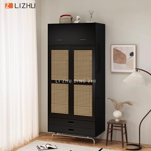 藤编复古衣柜北欧卧室黑色衣橱收纳柜小户型民宿家用对开门收纳柜