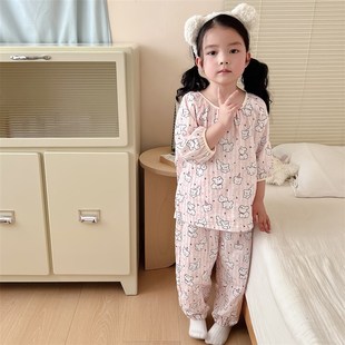 男童女孩纯棉卡通睡衣宝宝夏季 家居服棉纱套装 空调服 长裤 儿童半袖