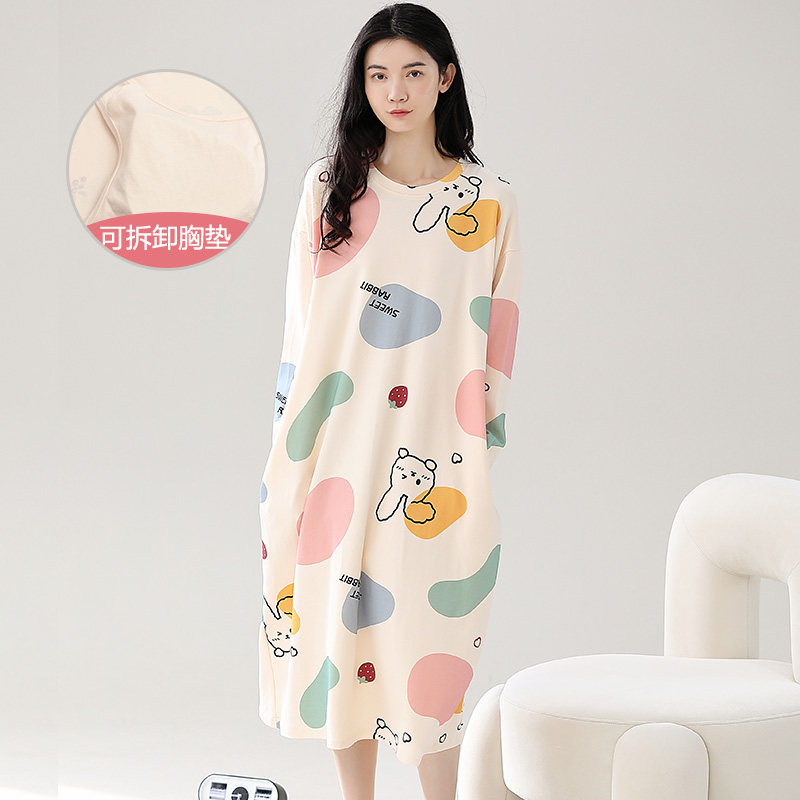 长袖睡裙女款秋季2023新款带胸垫春秋款纯棉秋冬款T恤可外穿睡衣,女士内衣/男士内衣/家居服,睡裙,淘宝优惠券,粉丝福利购,淘宝优惠卷