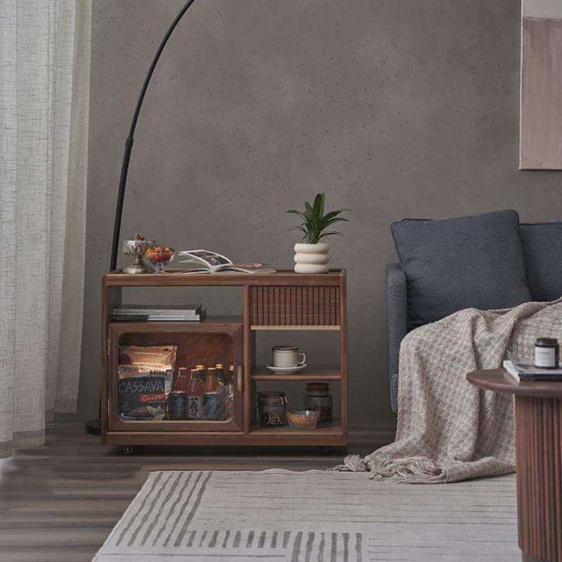 客厅实木沙发边几可移动带轮置物架多功能中古轻奢茶室茶台黑胡桃,住宅家具,移动边几/推车,淘宝优惠券,粉丝福利购,淘宝优惠卷