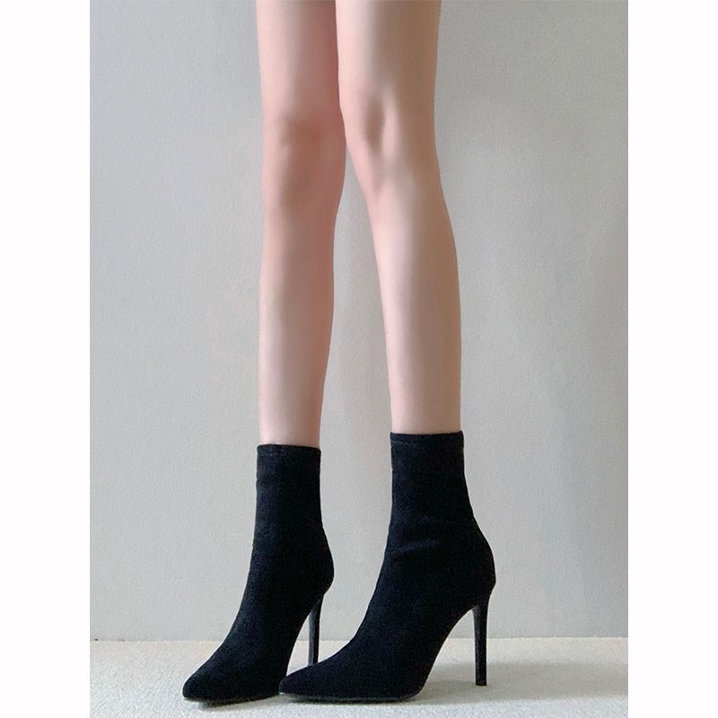 高跟短靴女20g24秋冬新款瘦瘦靴细跟裸靴绒面尖头显瘦中筒弹力袜